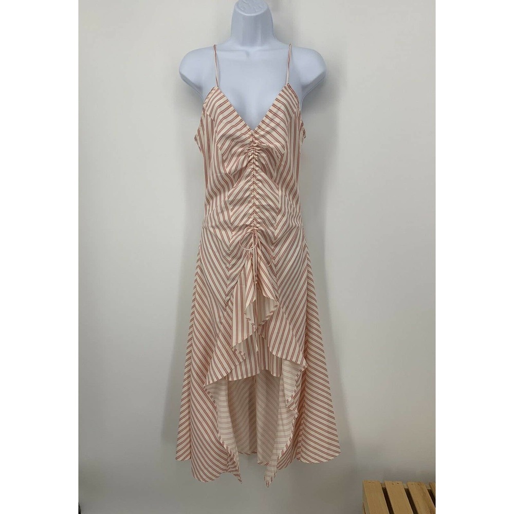 Women’s XS / S Cream Red Stripe Cinch V-Neck Ruffle Sleeveless Midi Dress